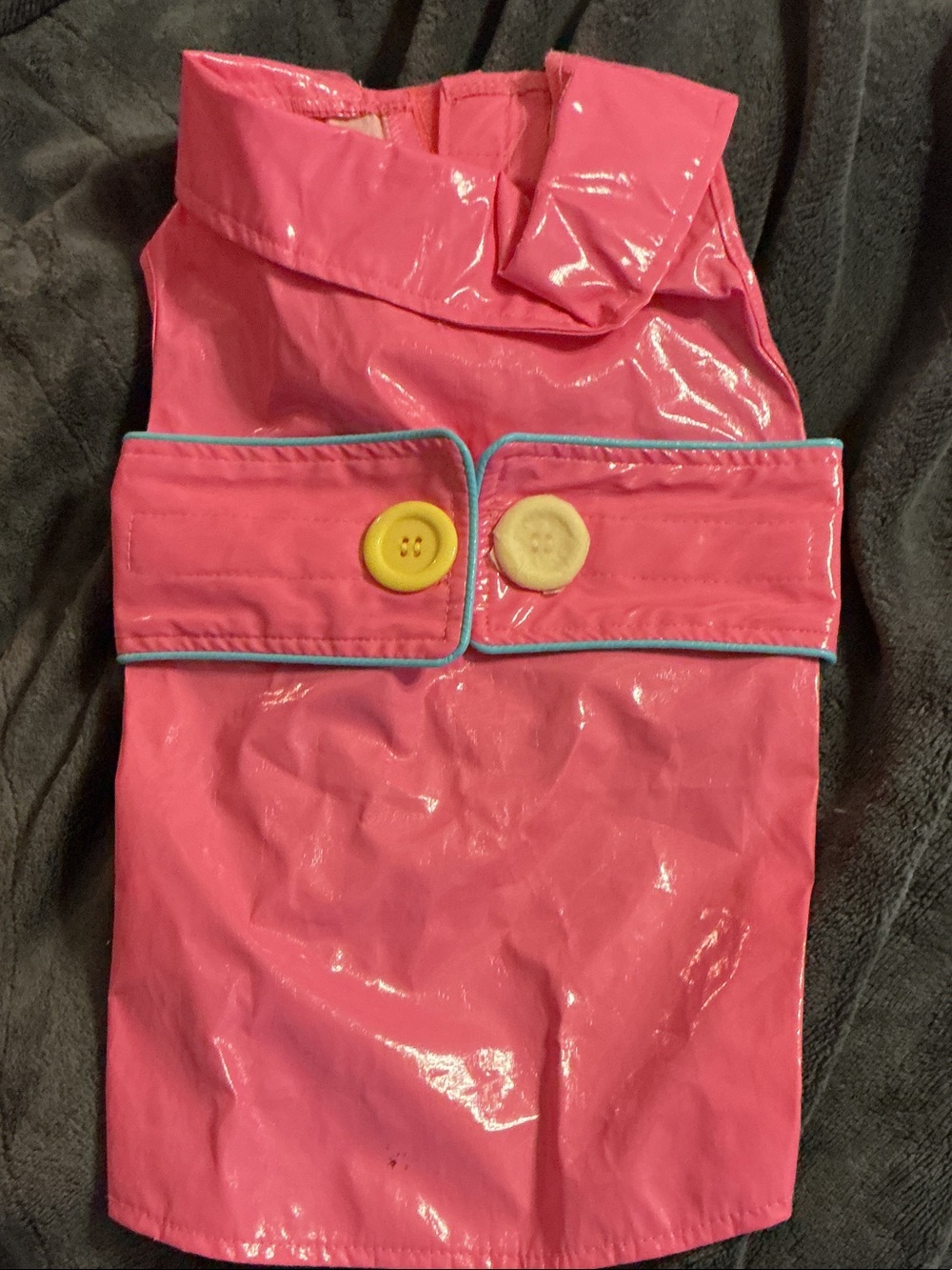 Pet Raincoat Dress - Shiny Pink with Yellow Buttons